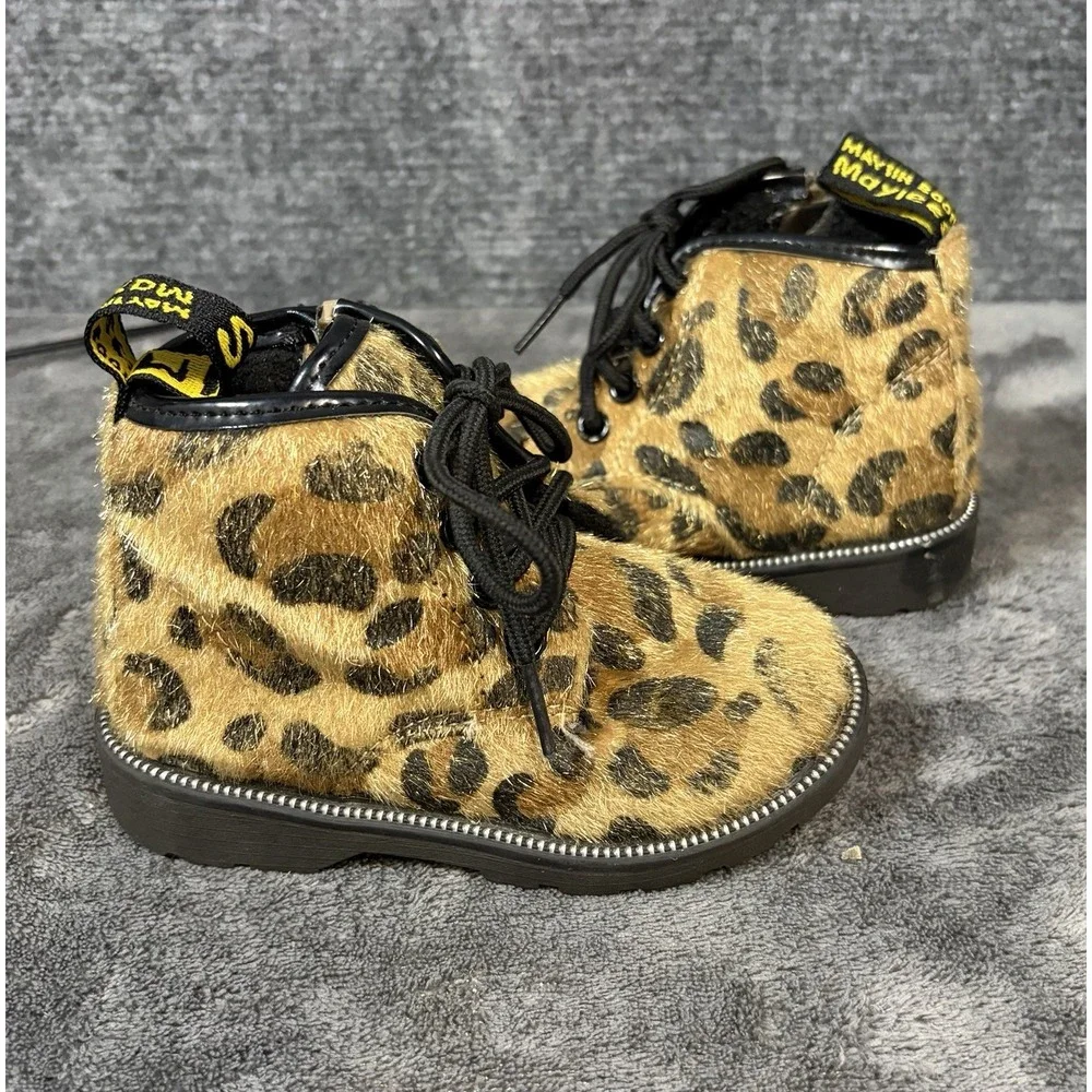Unbranded Leopard Faux Fur Boots Toddler 7 7.5 Brown Punk Grunge Lace Up EU 23